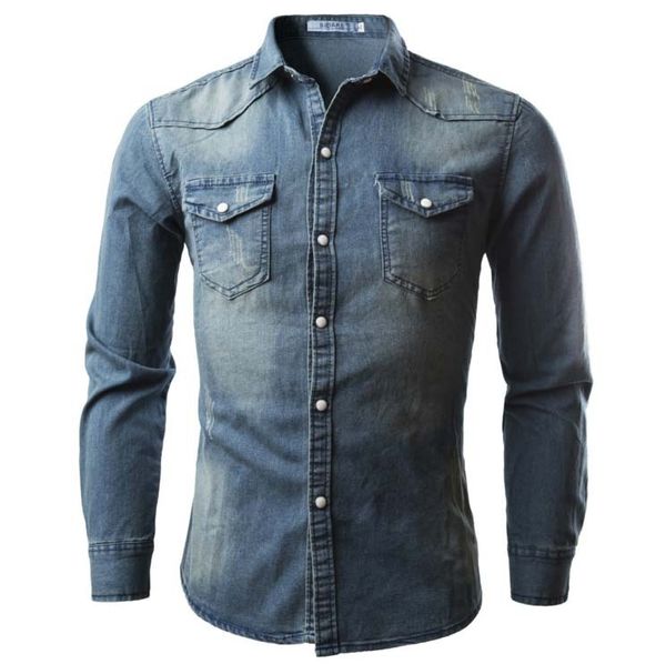 Camisa jeans masculina primavera manga longa bolso duplo camisa de cor lisa casual jeans fino jaqueta de rua de alta qualidade