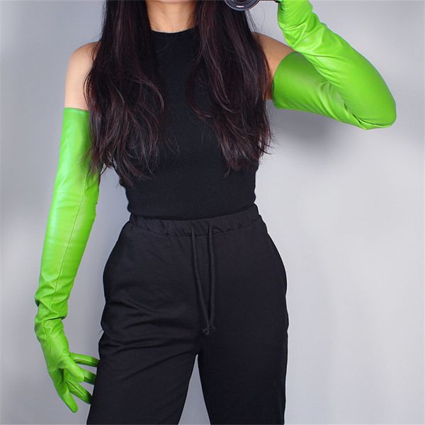 

2020 new extra long fashion gloves female faux leather sheepskin 28" 70cm apple avocado green women long leather gloves wpu189, Blue;gray