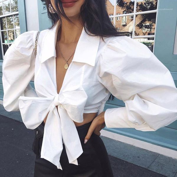 

neck blouse lace up women designer shirts fashion solid color lantern sleeve crop shirts with bow tie womens v, White