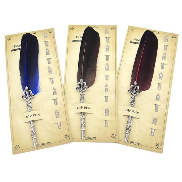 

adeeing 1set new calligraphy feather dip with 5 nib gift quill pen writing ink set gift box wedding fountain pen design