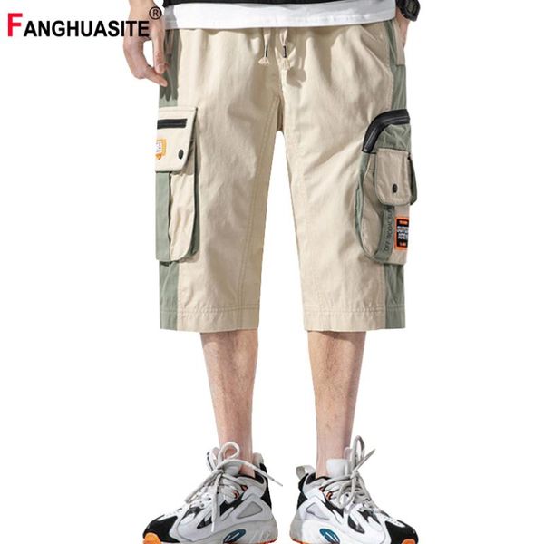 

summer new men's cargo pants high-quality hip-hop patchwork calf length pants loose multi-pocket zipper casual male kx810, Black