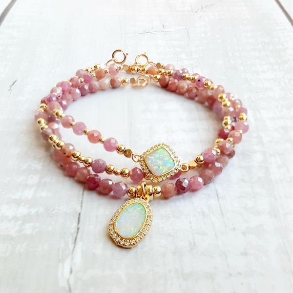 

lii ji natural red ruby lab-created opal charm bracelets natural stone s925 silver clasp gold plated bracelet delicate jewelry, Golden;silver