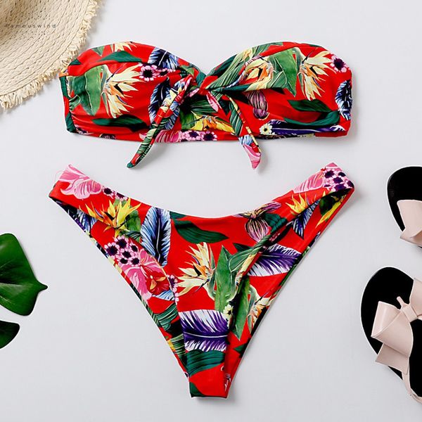 

2019 sexy cherry купальники женщины фронт цветочные tie bow knot бандо biquini купание женский купальник плюс размер купальный костюм стринг, White;black