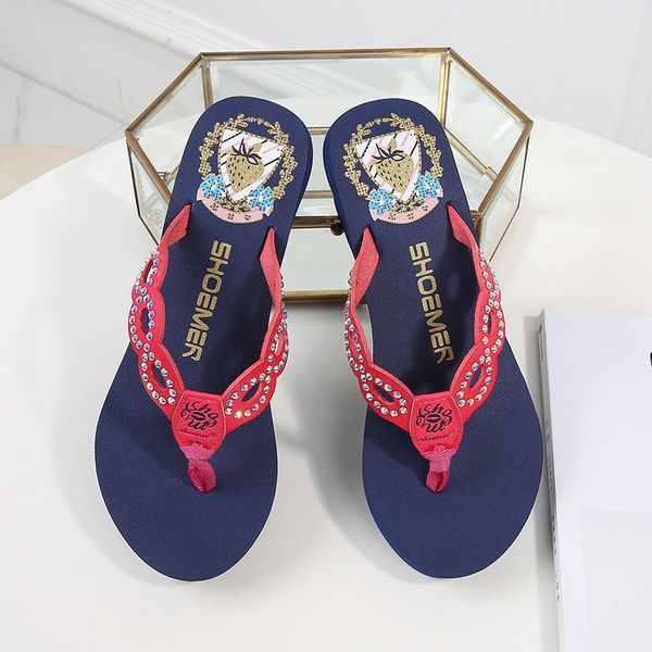 

selling 2019 summer new style man-made diamond sandals creative-high-heel thick bottomed beach flip-flops women's, Black