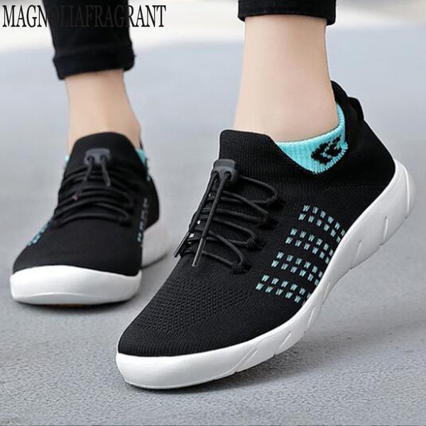 

new women flats breathable mesh flying woven knitted lady casual shoes for sports lace up female footwear fitness sneakers y872, Black