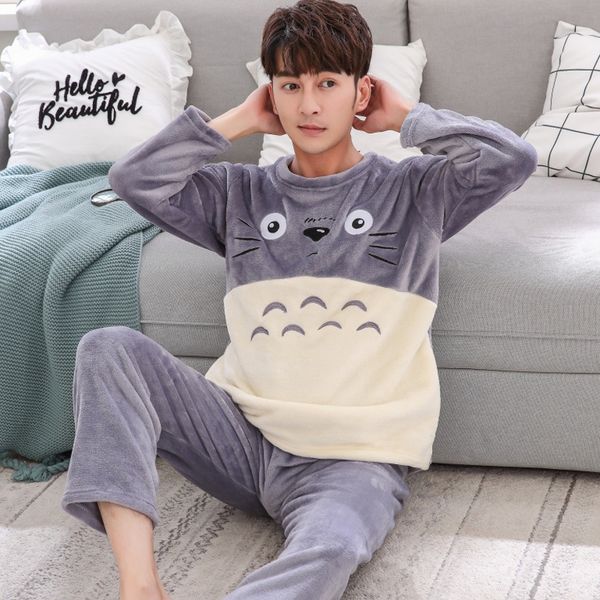 

men's pajamas set autumn winter coral fleece warm thicken flannel warm pajamas men's long sleeve nightwear pant flannel, Black;brown