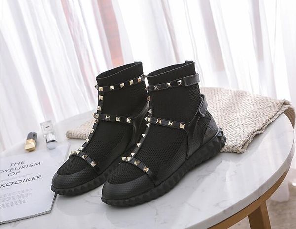 

women punk rivets martin boots new season designer knitted sock booties snow ankle boots fashion luxury lady england style shoes, Black