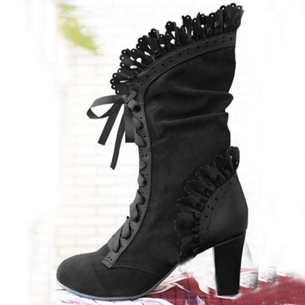 

2020 women lace up heel knee high leather suede boots vintage gothic lace high heel boots cosplay autumn shoes, Black