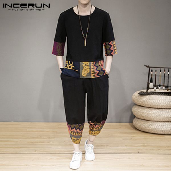 

incerun chinese style printed men sets ethnic casual half sleeve t-shirts pants sets 2020 streetwear cotton vintage mens suit, Gray