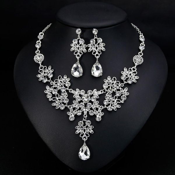 

wedding jewelry set women bridal engagement flowers rhinestone necklace earrings new chic, Silver