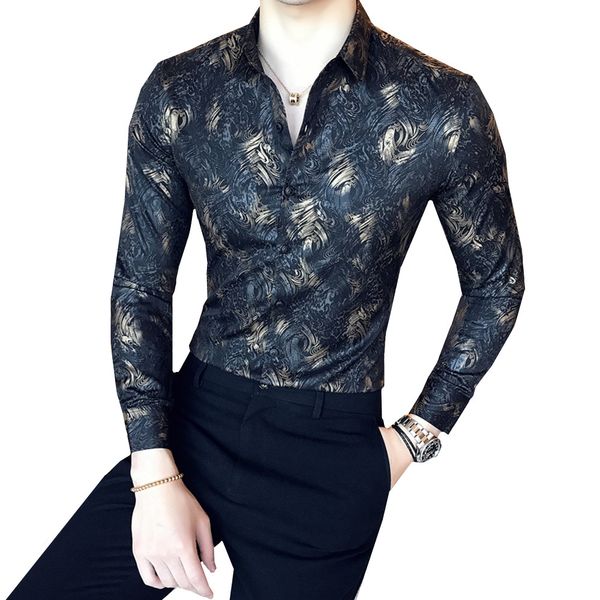 

metallic gold shirt men 2019 spring autumn boutique printed gold white shirt slim fit male dress party wedding club, White;black