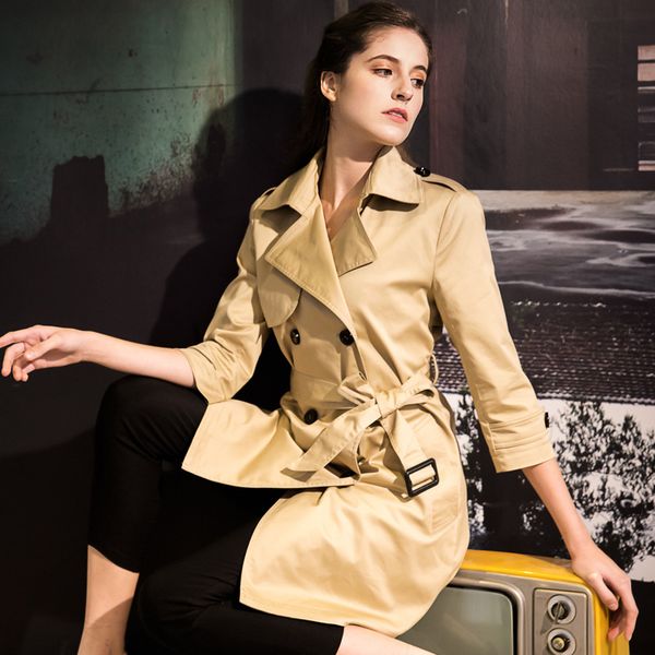 

winter women high waist turn down collar sashes coats 2018 three quarter sleeve solid trench fall winter buttons overcoat x198, Tan;black