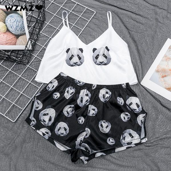 

cute panda cartoon print women's pajamas v neck sleeveless sleepwear loose home suit soft satin home clothes for women new, Black;red