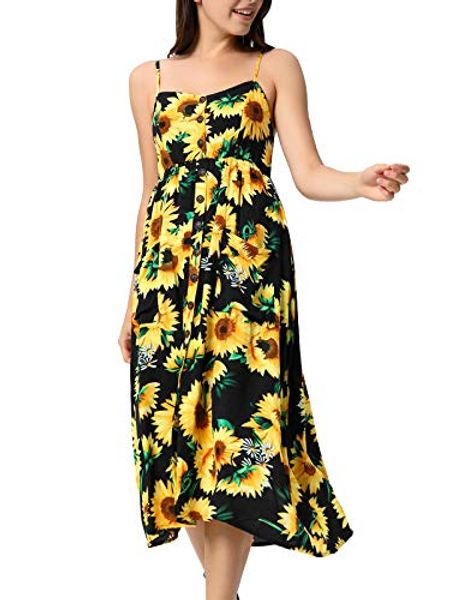 

kate kasin women summer spaghetti strap sunflower dress for summer kk918, Black;gray