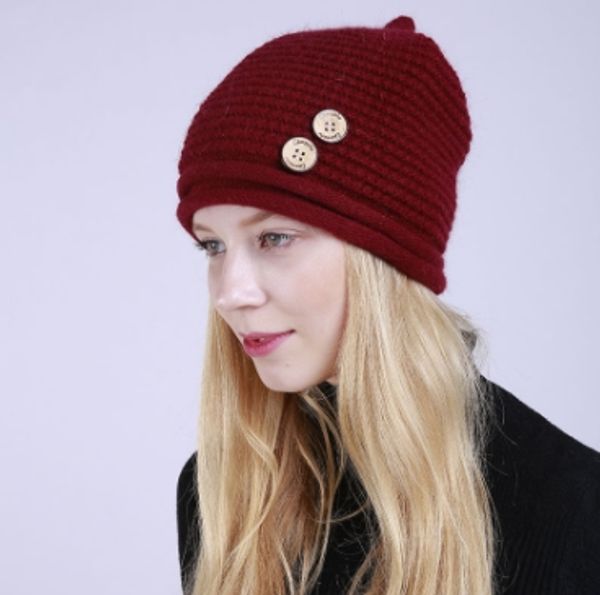 

plus velvet hat ladies winter new solid color button decoration knitted caps brand designer wool fashion warm caps, Blue;gray