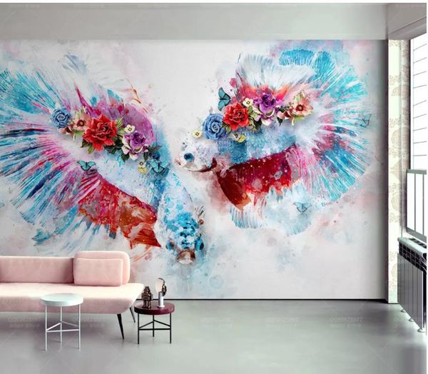 

modern living room wallpapers vintage medieval hand painted watercolor fish fish flower painting tv background wall