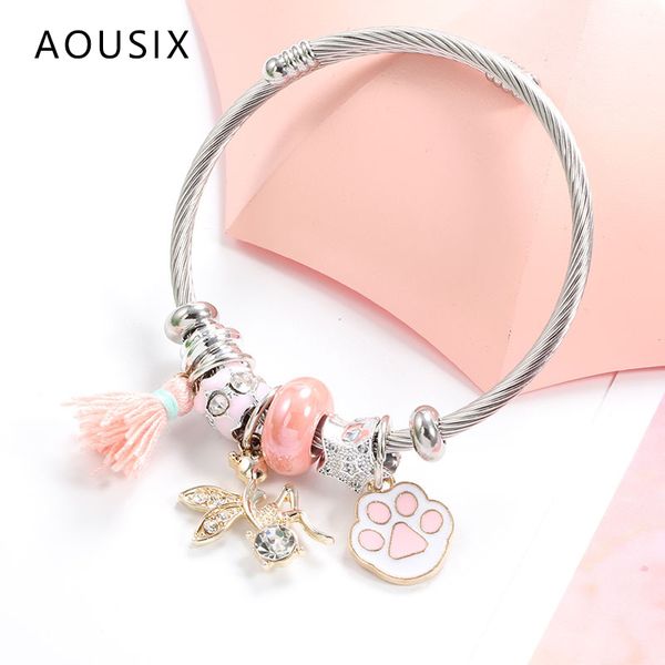 

fashion gourd/elf pendant charm bangle crystal silver stainless steel bangles for women girl jewelry gift, Black