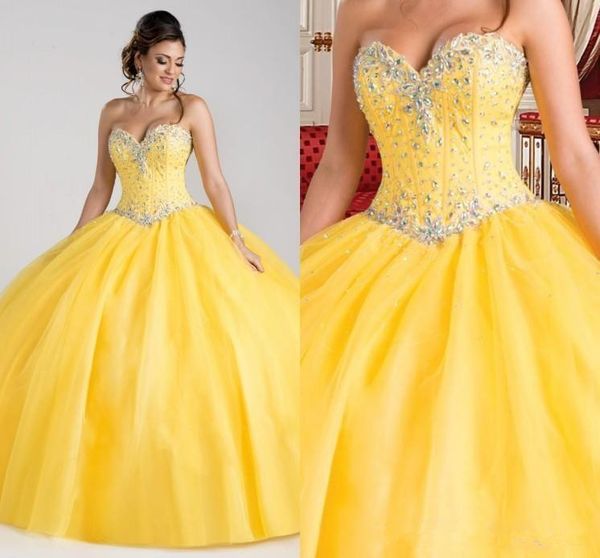 Wunderschöne gelbe Quinceanera-Kleider im Prinzessin-Stil mit Perlen und Kristallen, Ballkleider 2020, süßes 16-Kleid, für 15 Jahre, günstiges Debutante320U