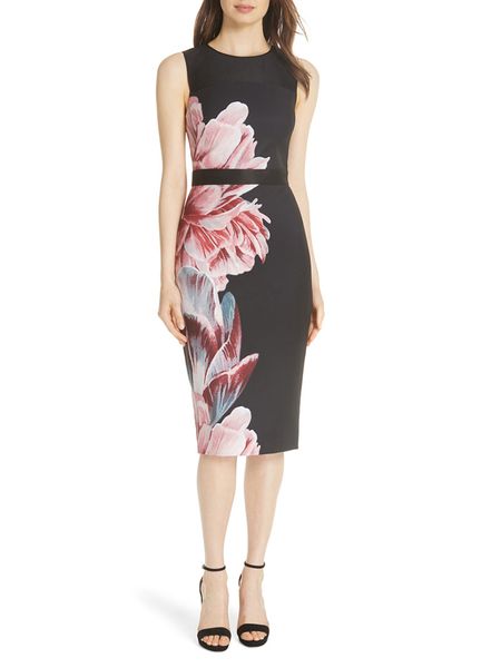 

luxury women flower print sheath dress round neck sleeveless dresses, White;black