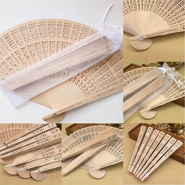

50 шт. / Лот персонализированные сандалового дерева складные веерные свадебные сувениры фанатские подарки с прозрачной шелковой пряжей