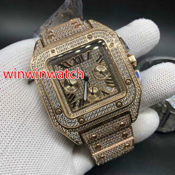 

diamonds rose gold mens watch 44mm case diamond face chronograph vk quartz atch full works iced rappers watches, Slivery;brown