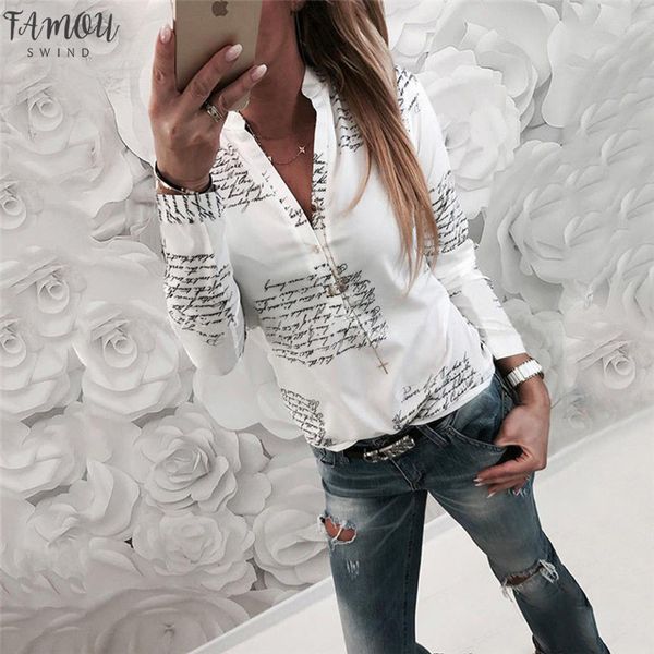 

autumn spring printed blouse for woman 2020 arrival women long sleeve loose ladies v neck regular casual shirt, White