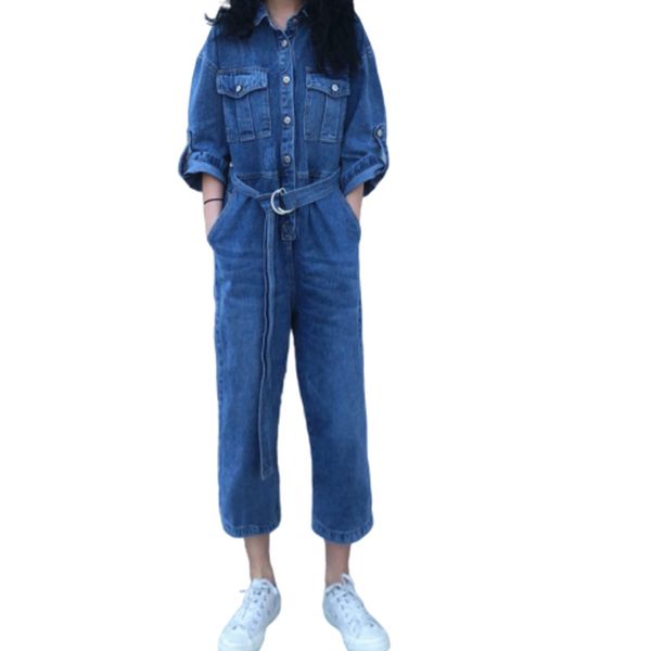 

весна тонкий узелок джинсовый комбинезон брюки прямые джинсы высокой талией женщины streetwear boyfriend комбинезоны жан femme bodycon корея, Blue
