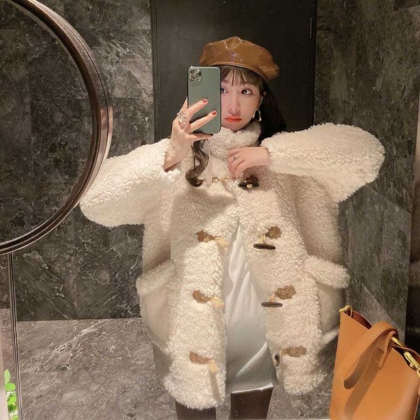 

2019 новая осенняя и зимняя одежда рог пряжка овечий мех интегрированная флисовая шуба свободные пальто с длинными рукавами сплошной цвет те, Black;brown