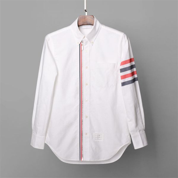 

pure cotton oxford woven red and blue 4-bar arm stripe, rwb trim zipper zip-up white classic shirt men's women's shirts, White;black