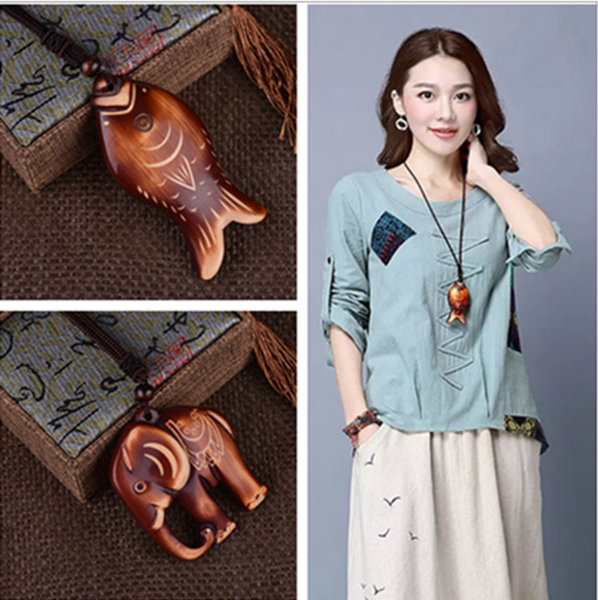 

2-color bohemian national style necklace retro long wooden elephant fish sweater chain women's accessories necklaces wholesale, Silver