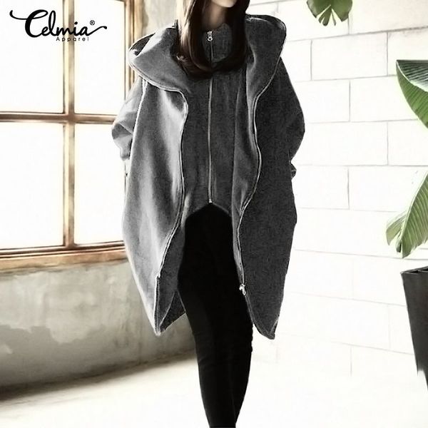 

2019 celmia winter hoodies sweatshirt women hooded zip long sleeve fleece irregular long jackets pockets coats plus size outwear, Black;brown