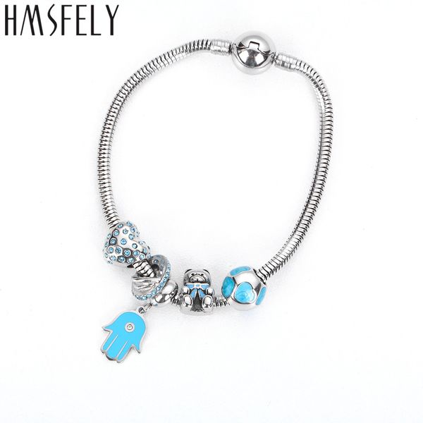 

hmsfely 316l stainless steel charm fatima hand bracelets beaded chain for women fit snake chain fine bracelet diy jewelry gift, Golden;silver