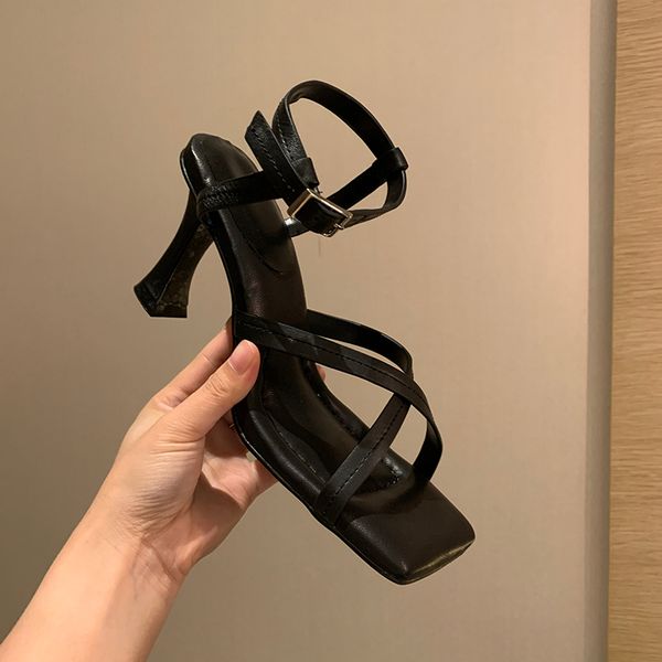

women sandals high thin heels buckle woman shoes roman summer slingback solid brand fashion sandalias mujer, Black