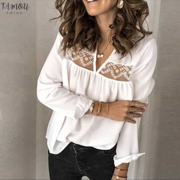 

lace mesh shirt embroidery patchwork women casual long sleeve chiffon blouse regular ladies loose shirts female blusas, White