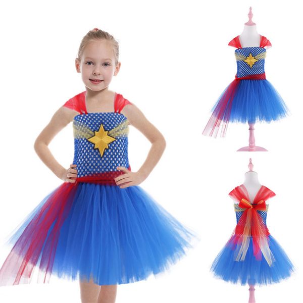 

captain marvel girls dresses party princess dress girls lace tutu dress marvel cosplay clothes evening dress jy56, Red;yellow