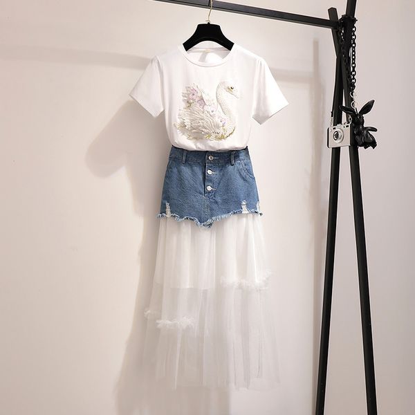 

2019 summer new women sequined 3d flower embroidery swan tshirt+denim mesh patchwork mid calf skirt two piece sets, White