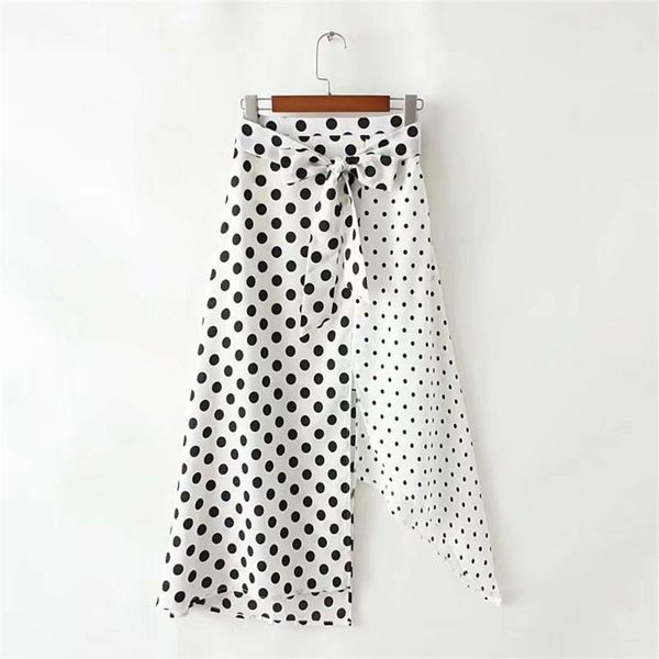 

2020 spring women's new wave dot print irregular stitching skirt high waist lace asymmetric split long skirt, Black