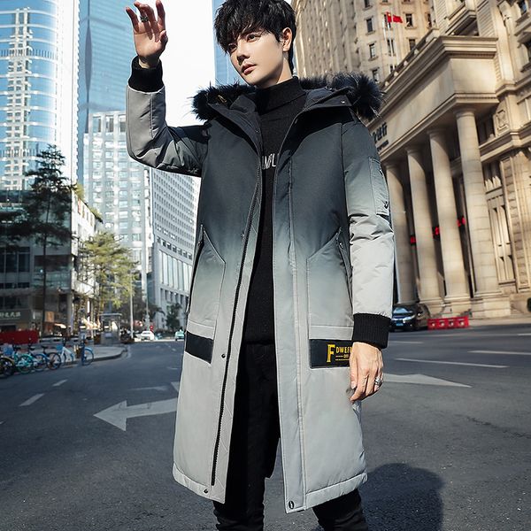 

down jacket men's 2020 winter new casual thick warm parkas male hoodies fur collar outwear homme fashion slim long coat overcoat, Black