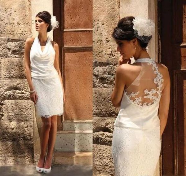 

short beach wedding dresses halter lace casual outdoor boho wedding dresses sheer back sleeveless uk bridal gowns for petite bride 2019, White