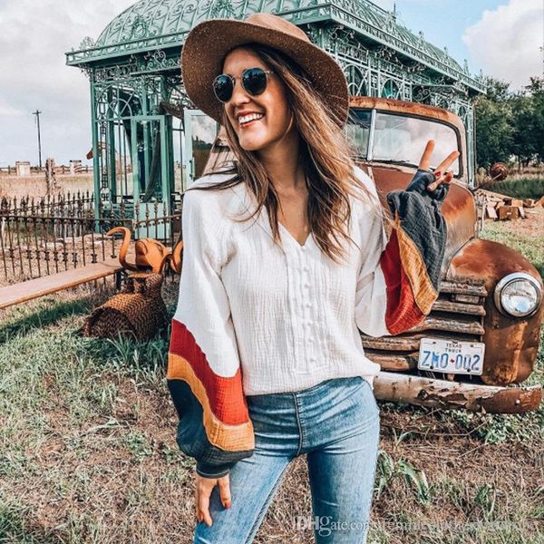 

women designer long sleeve shirts striped printed autumn casual loose lantern sleeve v-neck pullover shirts fashion women shirts, White