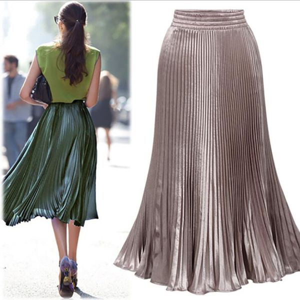 

2019 new european and american large size long pleated skirt metallic color imitation satin accordion pleat word fishtail skirt, Black