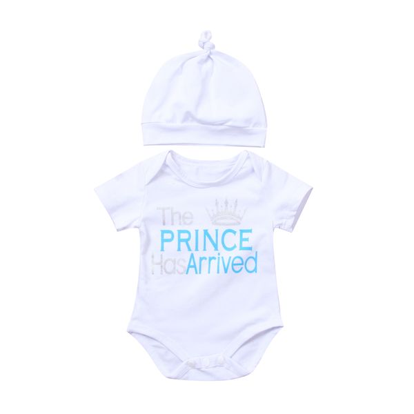 

2018 the prince has arrived newborn baby boys bodysuit hat 2pcs outfits letters summer casual clothing ss, White