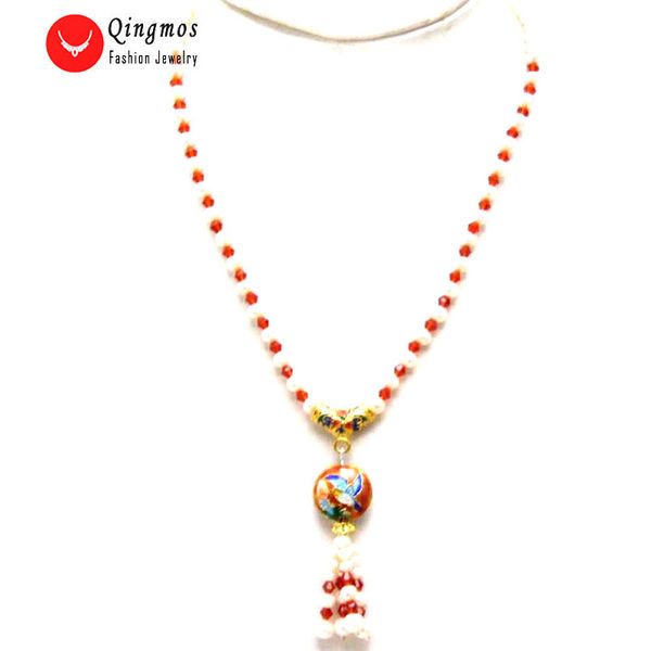 

chokers qingmos 5-6mm round natural white pearl necklace for women with 18mm red cloisonne & crystal pendant tassel jewelry, Golden;silver