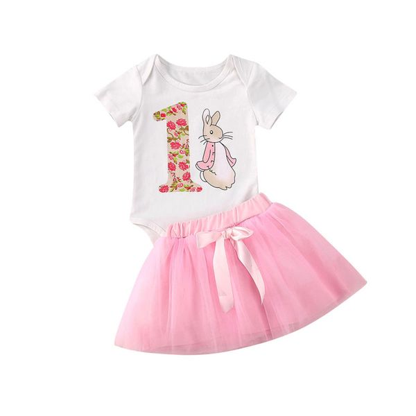 

0-18m newborn infant kids girl 1st birthday outfits party summer short sleeve romper tulle bow skirt baby clothes 2pcs set