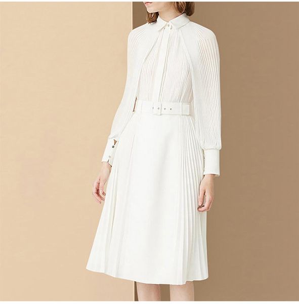 

european and american women's clothing 2019 spring new style long sleeve the lantern sleeve fashion pleated belt white dress, Black;gray
