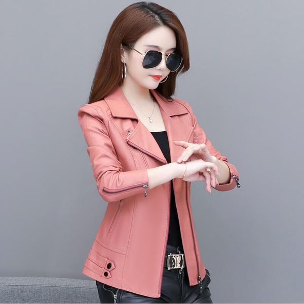 

plus size women's leather jacket 2019 new spring and autumn female leather clothing short slim motorcycle coat women red, Black