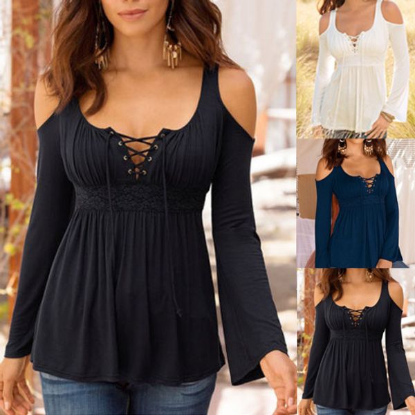 

Women Casual Cold Shoulder Tops T-Shirt Loose Bandage Long Sleeve Lady Blouse