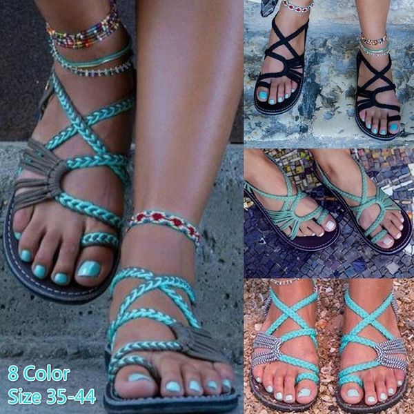 

women sandals rope bohemia beach flip flops casual flats ladies outdoor open toe flat sandals summer 2019 women's fashion shoes, Black