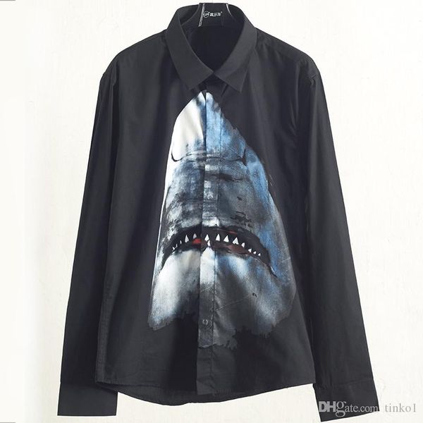 

2019 fashion men shirt male long sleeve shirts casual slim fit shark printing man dress shirts, White;black