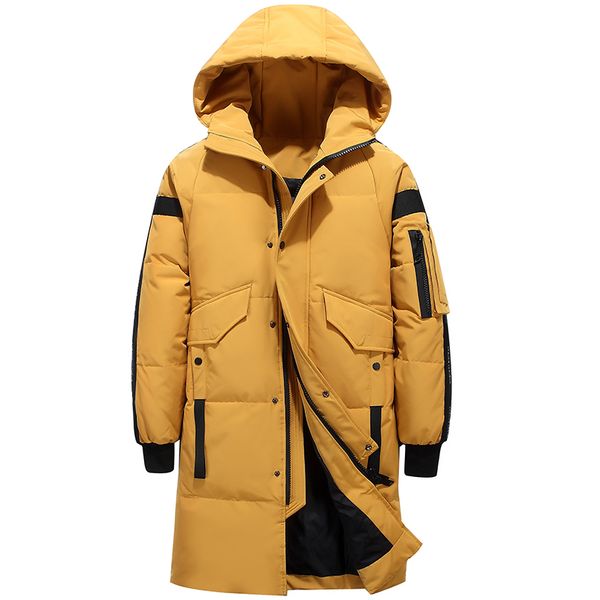 

2019 fashion men's down jacket pockets hooded thick warm windproof long down jacket men brand men's winter coat white duck, Black